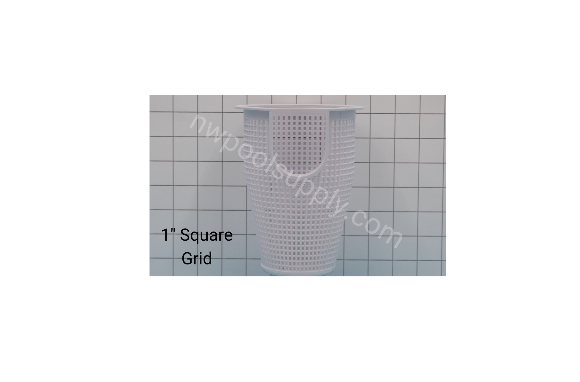 Whisperflo strainer pump basket generic in white B-199 shown against square grid