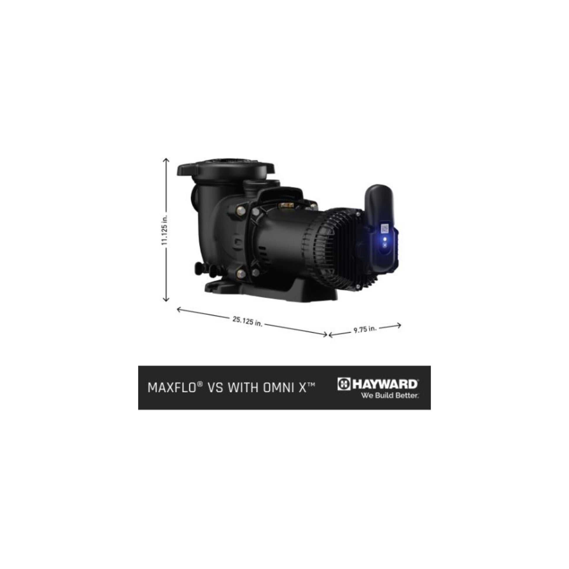 Hayward MaxFlo W3VSP23415 VS 415 Variable Speed Pump with Omnix Rear view showing bluetooth adapter and dimensions in inches